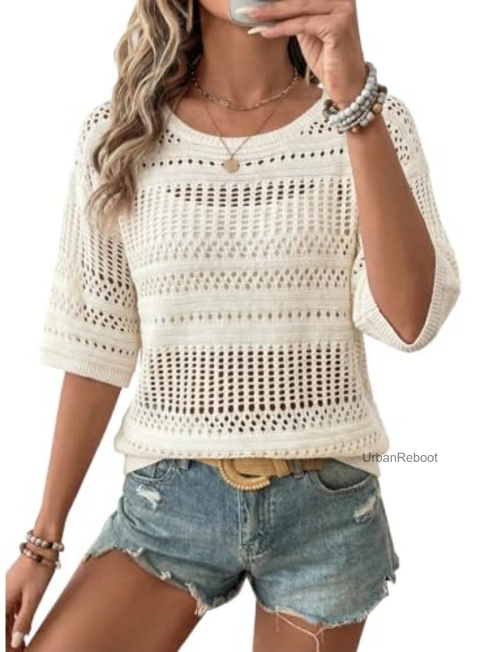 Women's Crochet Knit Sweater Half Sleeve Hollow Out Pullover Boho Beach Cover Up